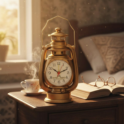 Retro lamp-shaped alarm clock in gold, silver grey, and bronze.