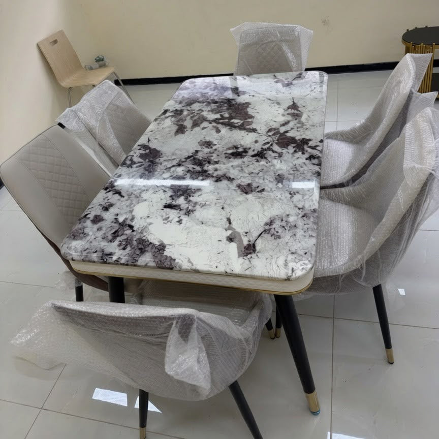 6 Seater Marble Top Dining Table Set with Upholstered Chairs -  1517