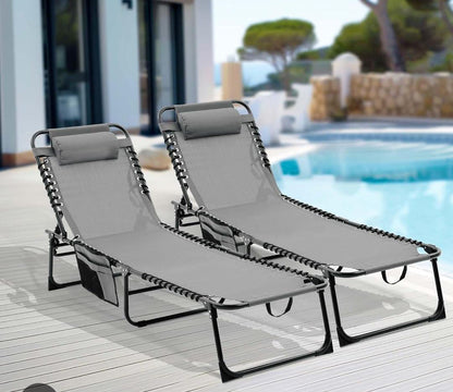 Outsunny folding chaise lounge chair with four position reclining backrest and breathable mesh seat in dark blue and brown