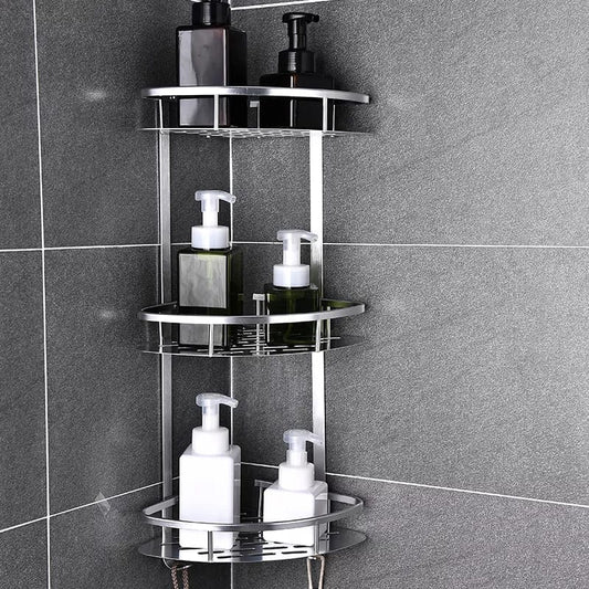 3-layer aluminum corner bathroom shelf for shampoo, soap, and cosmetic storage