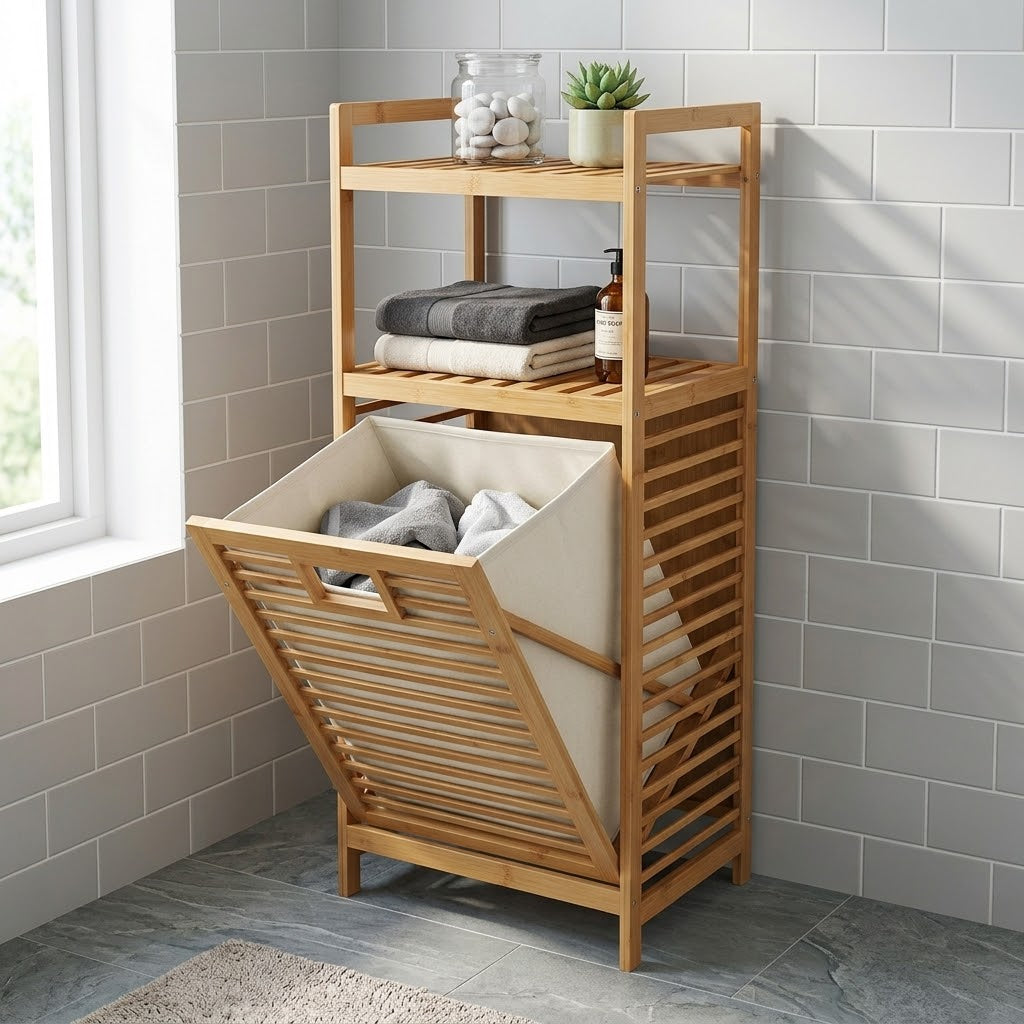 95 × 40 × 31 cm Bamboo Laundry Hamper with Storage Shelves
