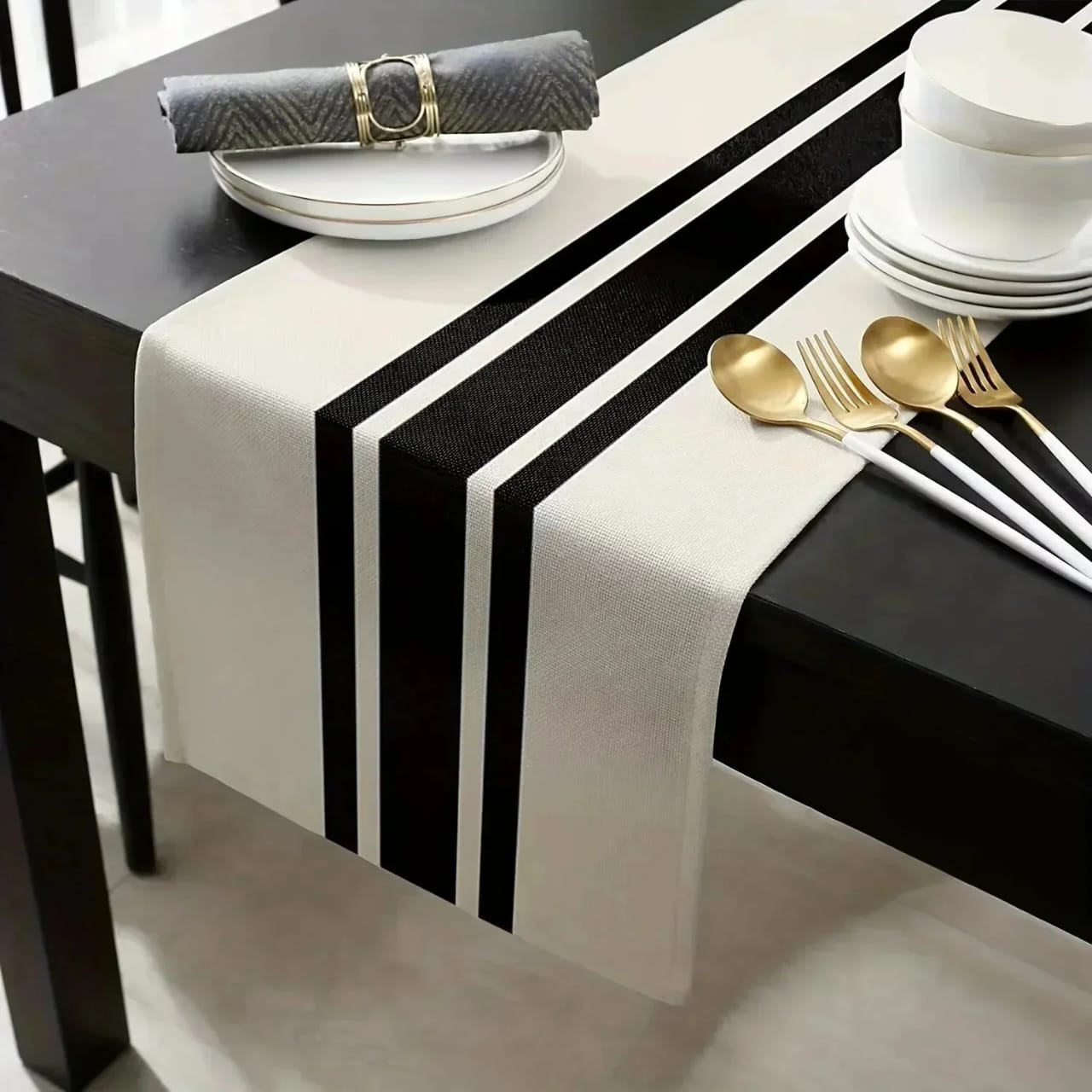 Black and white geometric stripe linen table runner for dining table décor available in 33 by 235 cm and 33 by 275 cm sizes