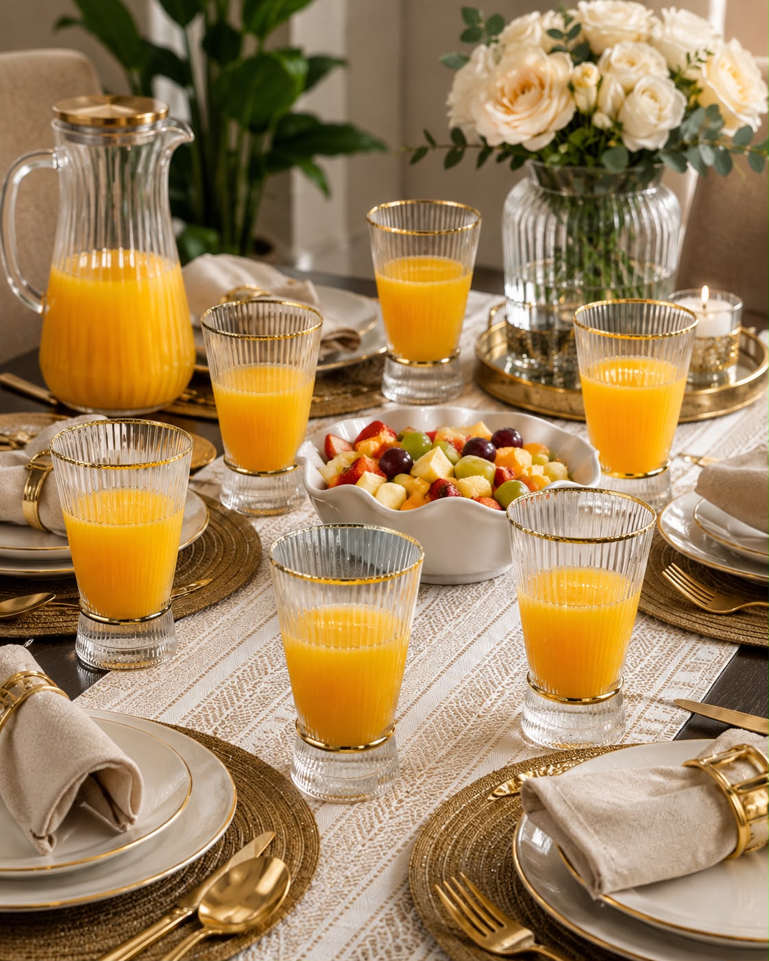 Ribbed Juice Glasses with Gold Ring 6 Piece Set