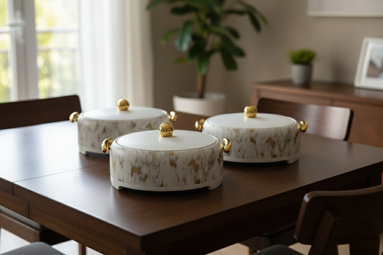 Three-piece marble pattern insulated hotpots with gold finish for keeping food warm.