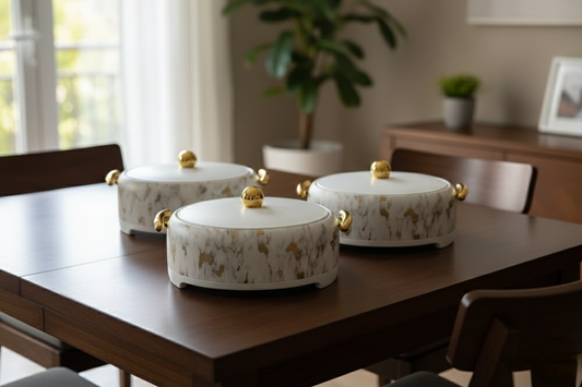Three-piece marble pattern insulated hotpots with gold finish for keeping food warm.