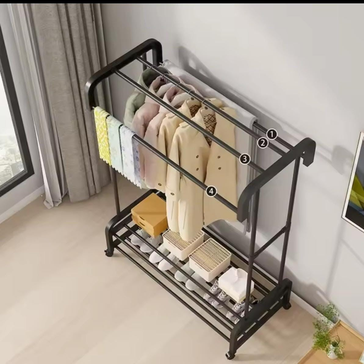 Double Pole Wheeled Clothes Drying Rack with Shoe Rack