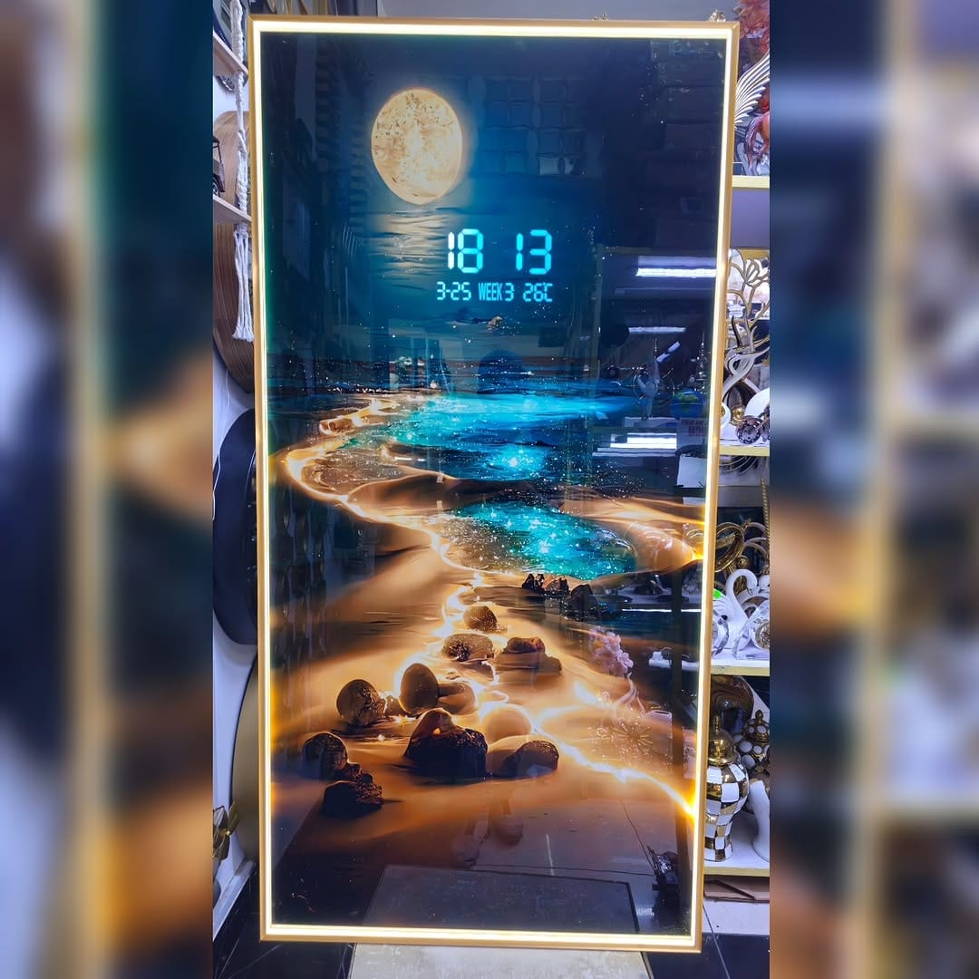 Modern LED wall art with digital clock and remote control, decorative illuminated wall display for home or office.