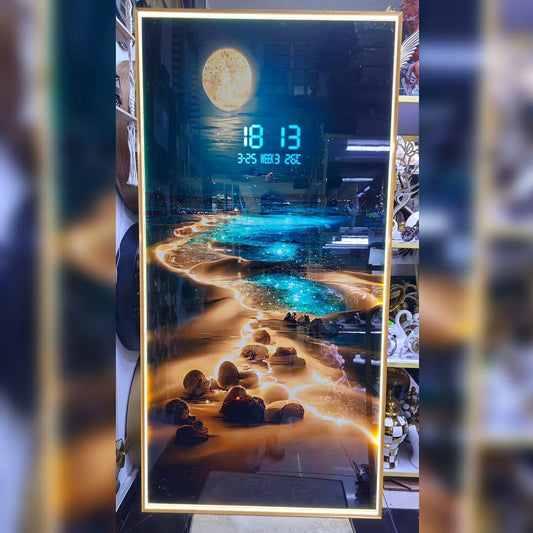Modern LED wall art with digital clock and remote control, decorative illuminated wall display for home or office.