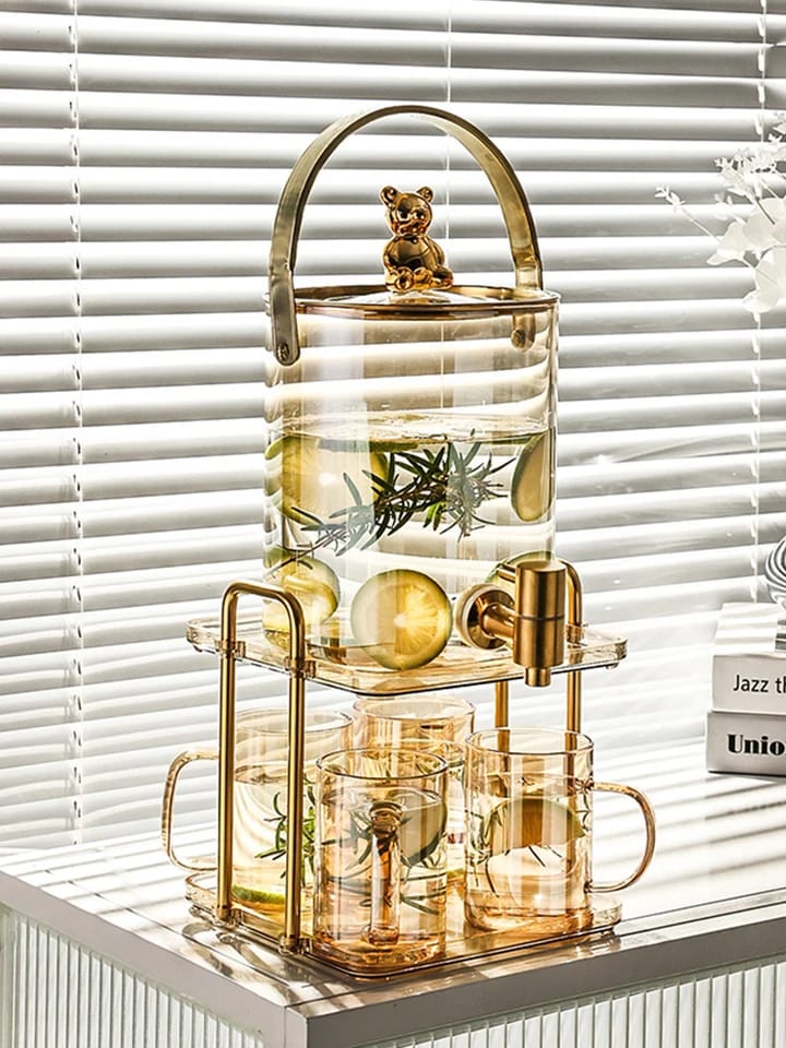 3.6L Glass Cold Water Jug With Faucet And 4 Mugs