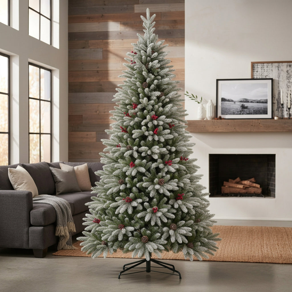 Pine Snow Flocked Christmas Tree with Pine Cones and Berries