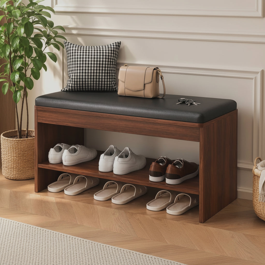 Entryway shoe bench with storage underneath comfortable seating and shoe organiser for hallway bedroom closet and home entrance organisation.