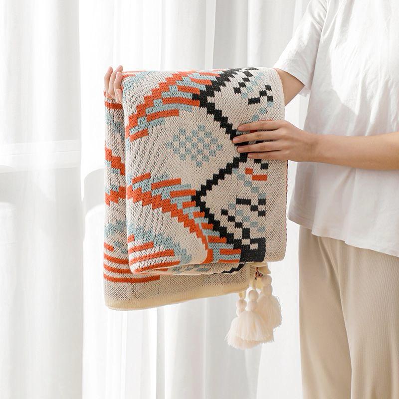 Bohemian Knitted Throw Blanket with Tassels