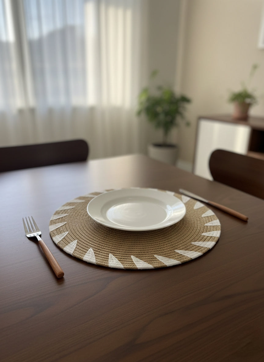 Set of 6 round braided boho-style heat-resistant table mats, 38cm each