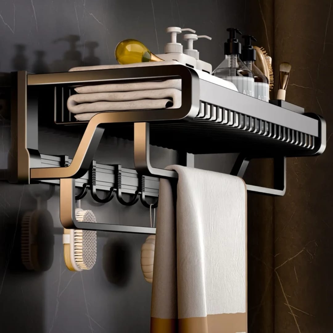 Alt Text
60cm double layer matte black aluminium wall mounted towel rack with hooks and no drilling installation option.