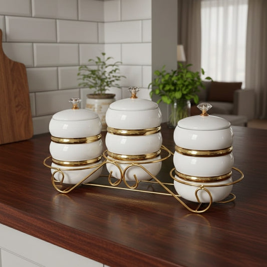 Three-piece ceramic canister set labeled for sugar, coffee, and tea.