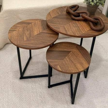3in1 Round Walnut Nesting Tables with Black Stands