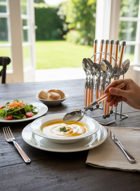 24-piece cutlery set including forks, spoons, teaspoons, and butter/table knives.