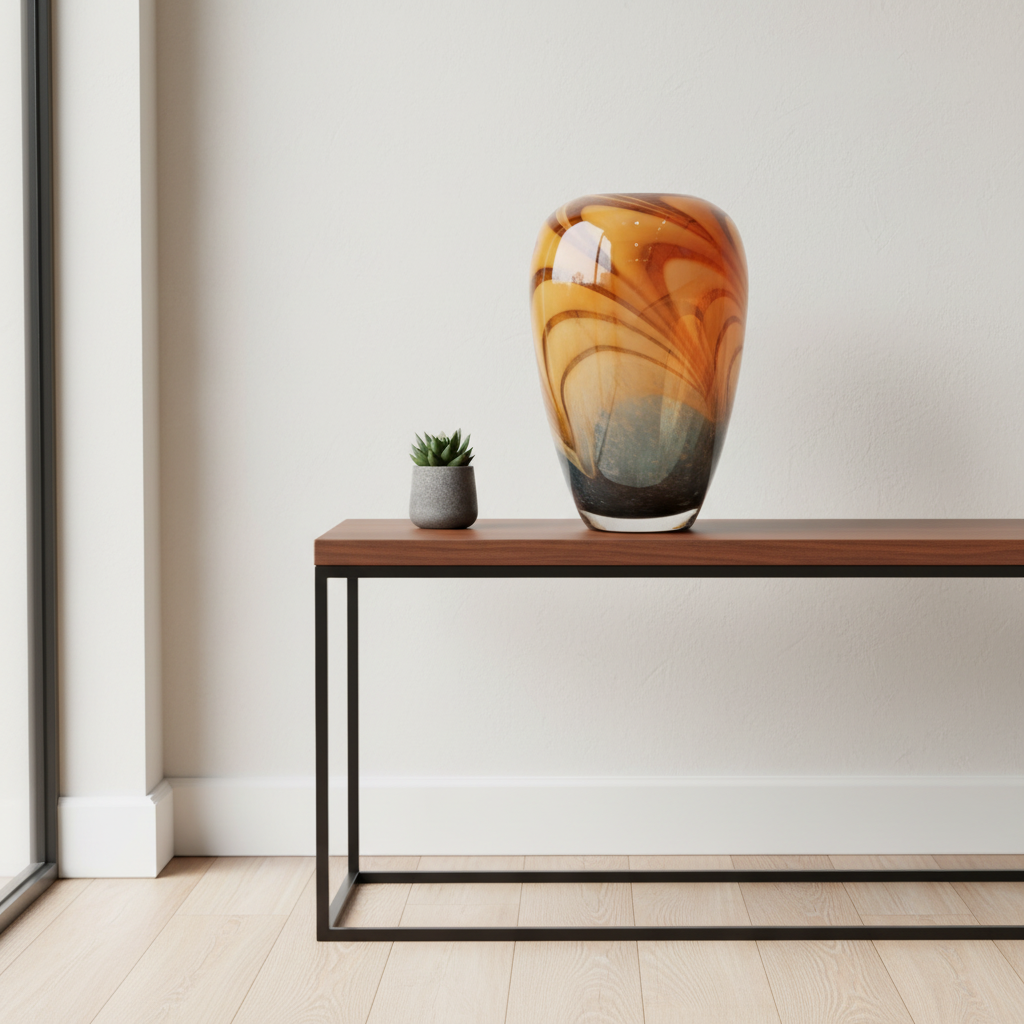 Handblown Amber Swirl Glass vase with caramel, brown, and smoke grey patterns