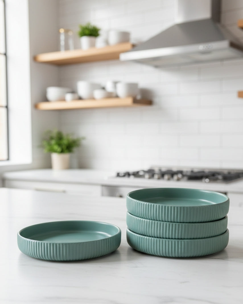 8-inch ribbed bluish pasta plate suitable for dining, set of six available