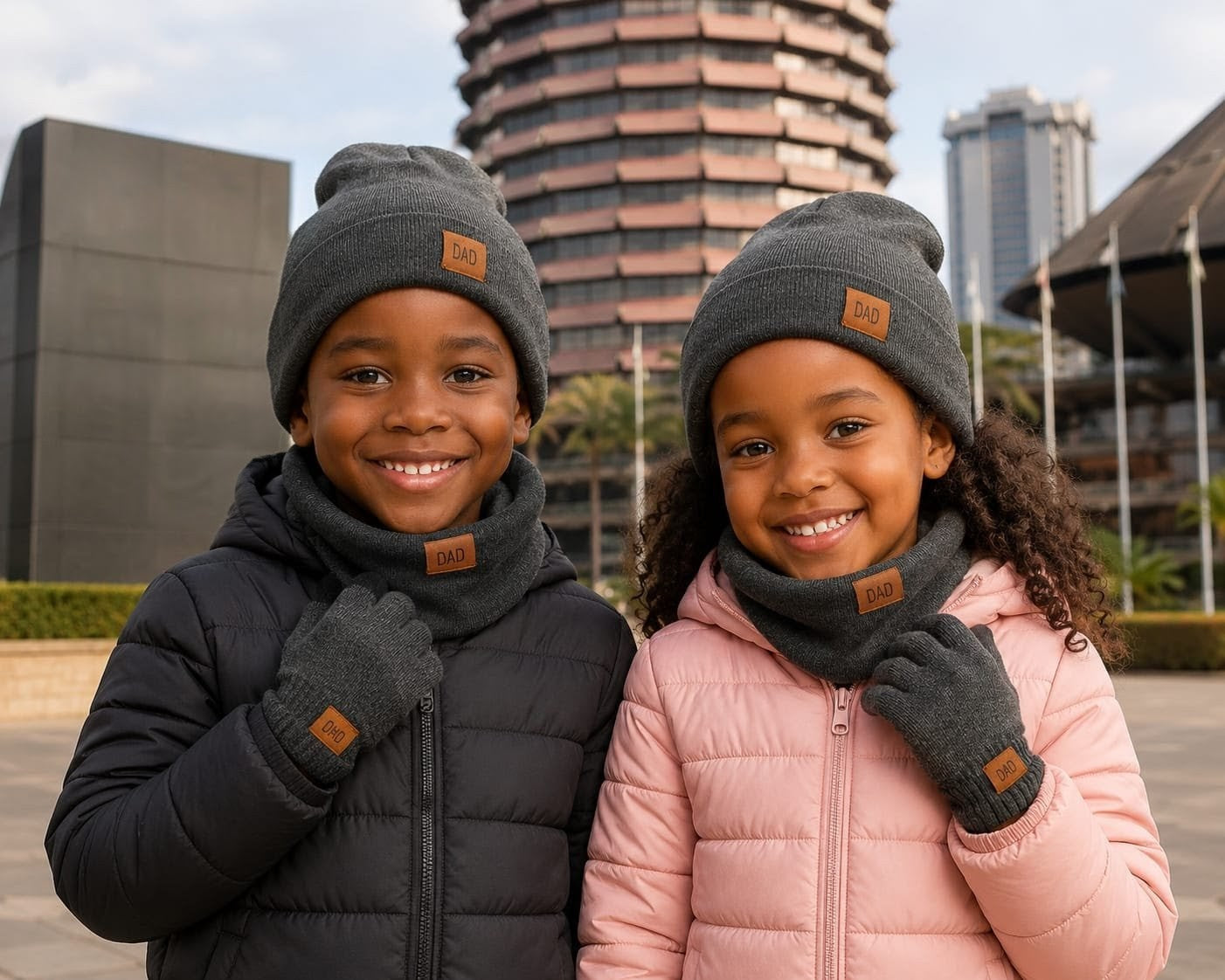 Three piece knitted winter set for kids including beanie hat, scarf, and gloves for cold weather protection.