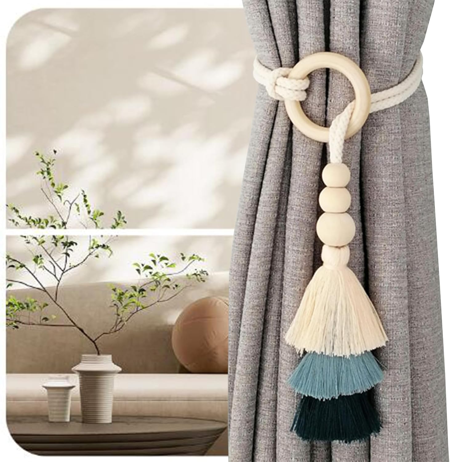 2pcs Wooden Bead Tassel Curtain Tiebacks