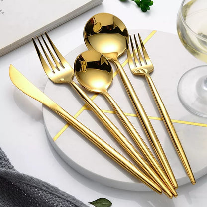 24-Piece Gold slim cutlery set with spoons, forks, teaspoons, and butter knives