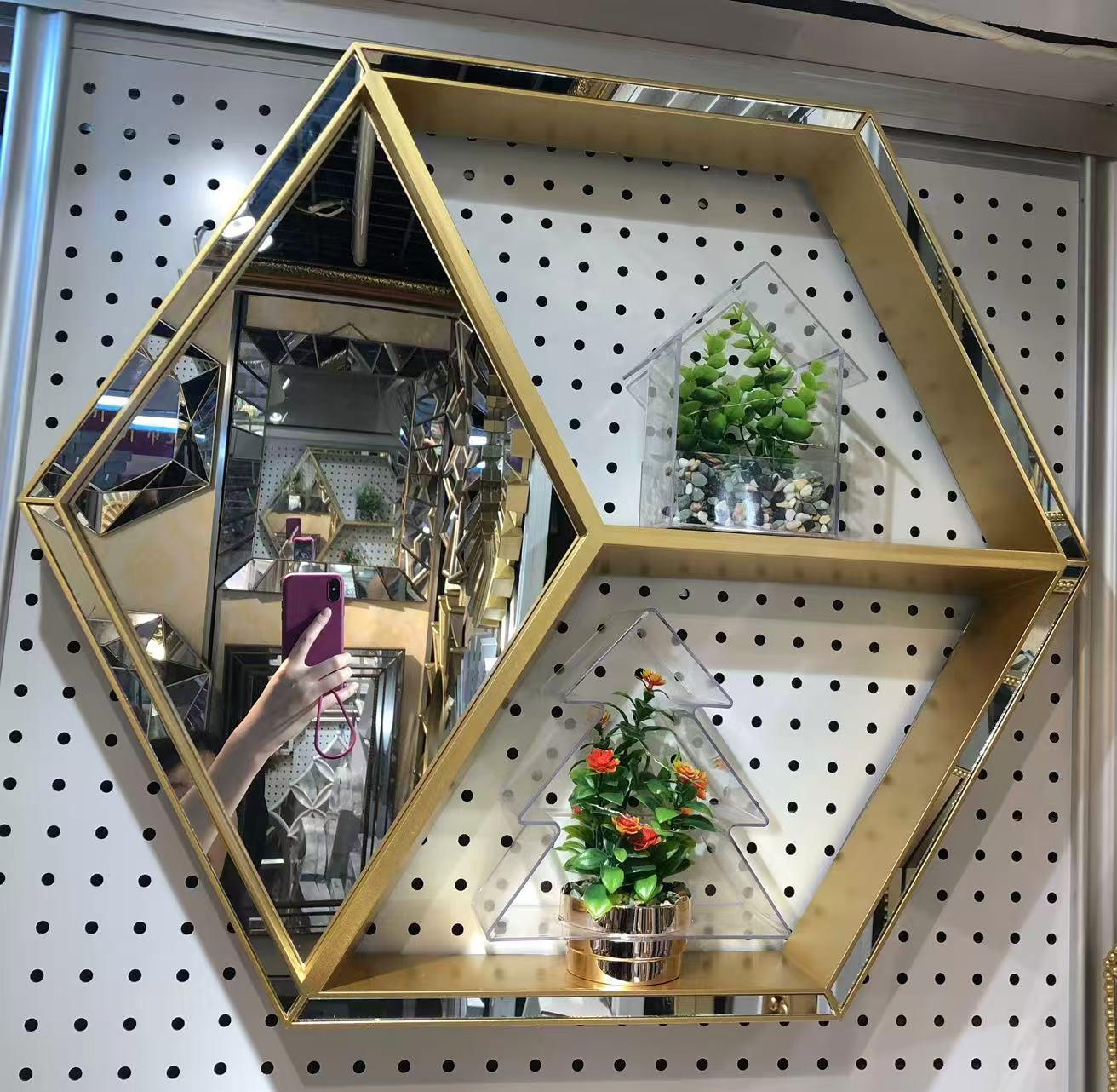 Gold Hexagon Wall Mirror with Display Shelves