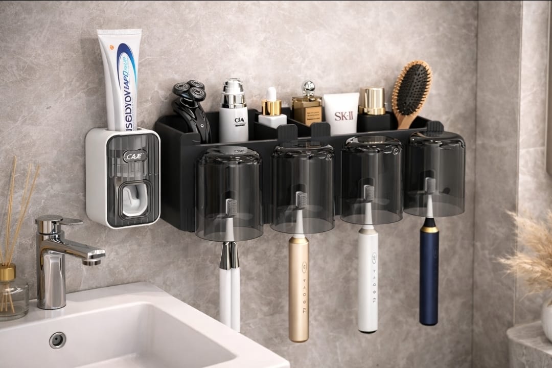 Wall mounted toothbrush holder and toothpaste dispenser with four cups in modern design