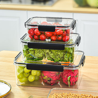 Set of three transparent acrylic food storage containers with black lid handles