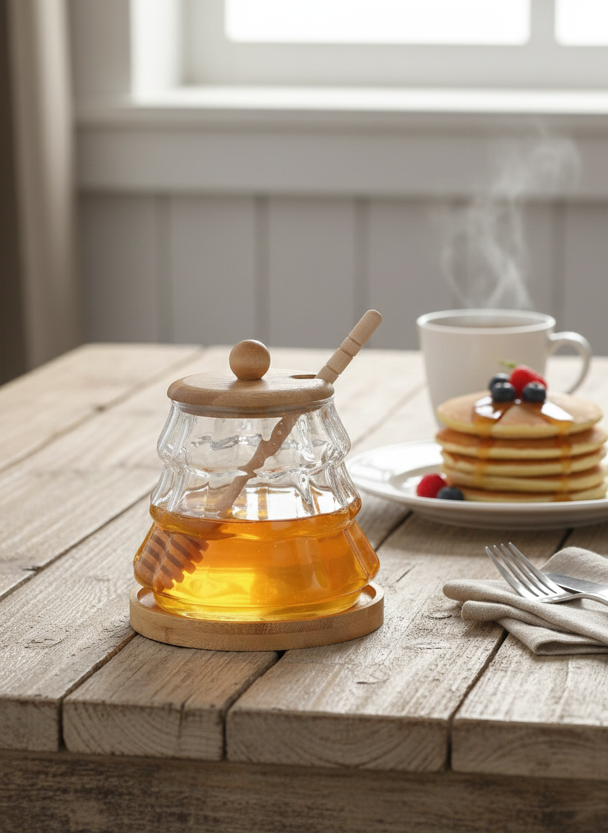 Clear honey dispenser with drip-free spout.