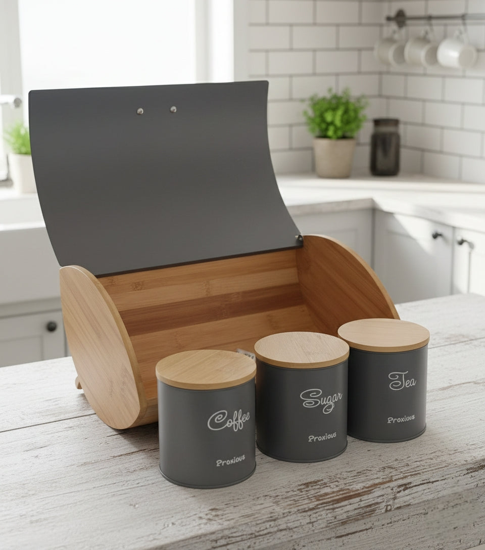 12L Bamboo flip bread bin with three 600ml canisters, available in black and grey