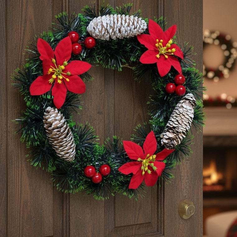 Christmas Wreath With Red Berries, Pine Garland, Corn, And Flowers