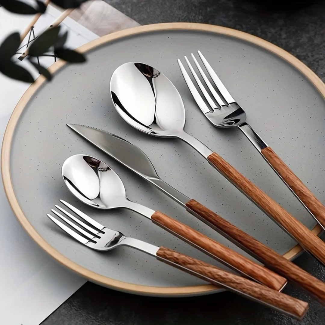 24 Pcs Silver Cutlery Set With Marroon Handle