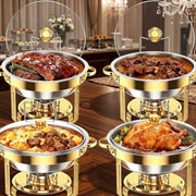 Round stainless steel chafing dish with gold accents, glass lid, and tongs, 5L buffet food warmer.