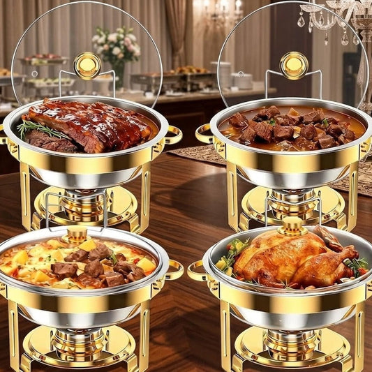 Round stainless steel chafing dish with gold accents, glass lid, and tongs, 5L buffet food warmer.