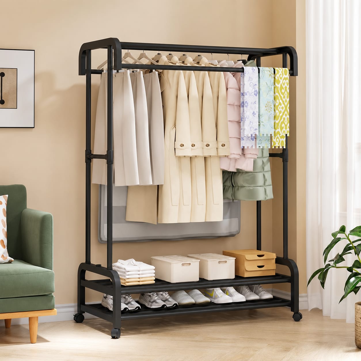 Black double pole wheeled clothes drying rack with double hanging rails, double layer shoe rack, side rails, and a heavy duty metal frame.