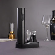 Electric wine opener set with accessories and storage stand.