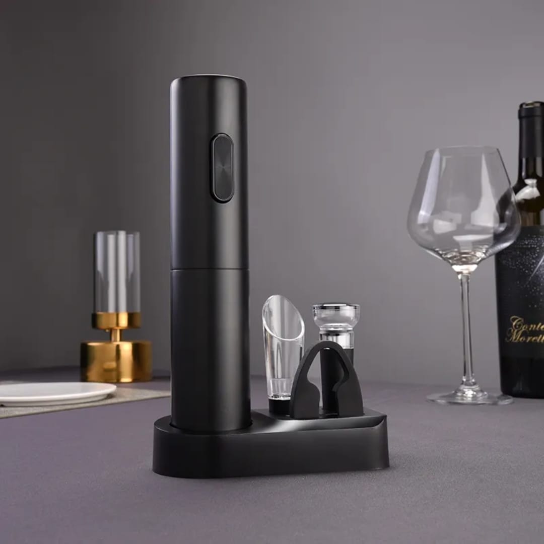Electric wine opener set with accessories and storage stand.