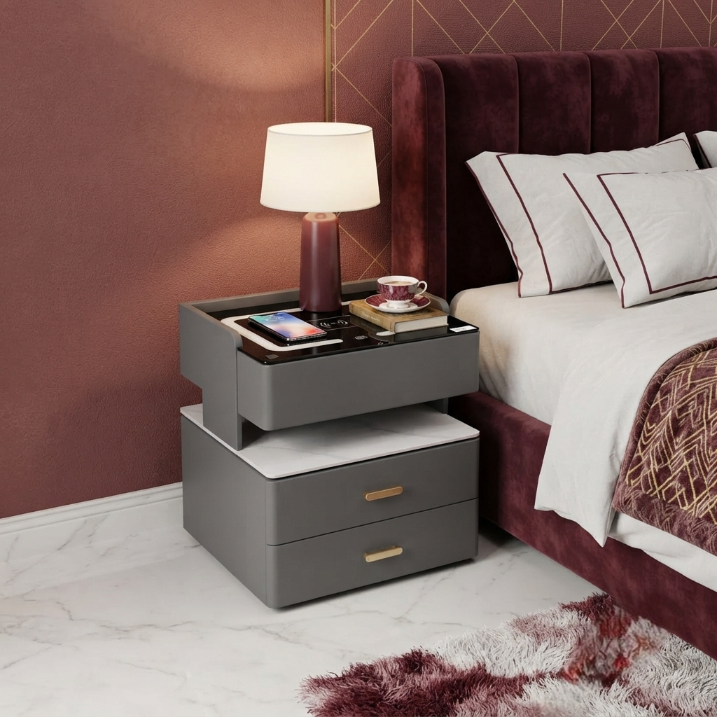 BS 9 matte grey smart nightstand with wireless charging, LED lighting, faux marble shelf and two drawers
