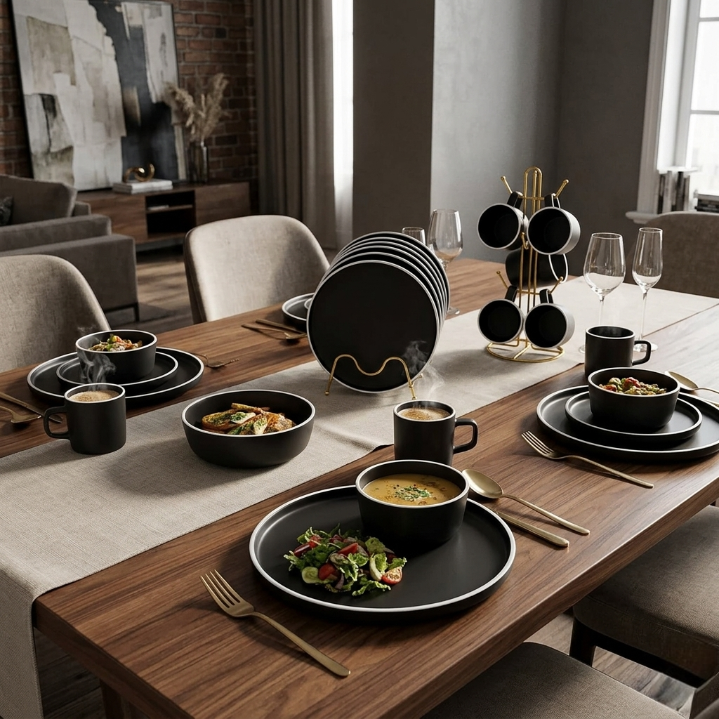 24 Piece Matte Black Dinner Set