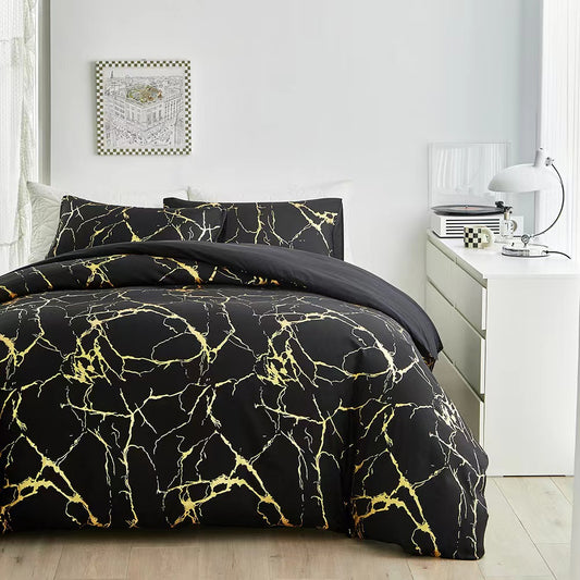 Black luxury marble printed 3-piece duvet cover set with gold foil texture and zipper closure