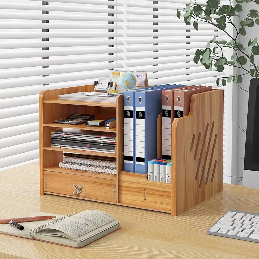 Bamboo desk organizer with bookshelf compartments, pen holder, tissue holder, and lockable drawer for office or home use