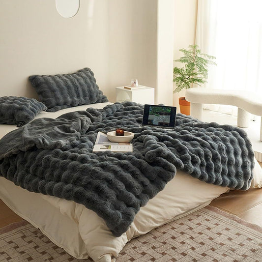 Double Layer Faux Fur Bubble Blanket
