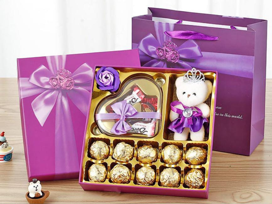 Pink chocolate gift box with matching gift bag for Valentine’s or birthday