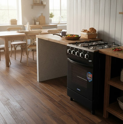 Ecomax 4-gas cooker with electric oven, rotisserie, and included kitchen accessories