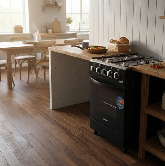 Ecomax 4-gas cooker with electric oven, rotisserie, and included kitchen accessories