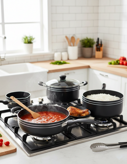 14-piece nonstick cookware set with pots, lids, and frying pan.