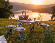 Portable foldable aluminum picnic table with 4 matching adjustable chairs for outdoor use