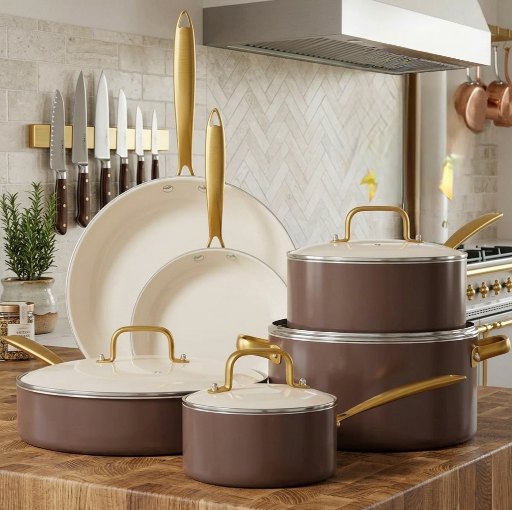15-Piece Ceramic cookware set with pots, frying pans, lids, and silicone spoons