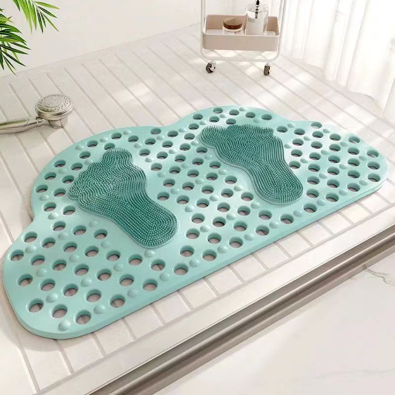 Large cloud-shaped anti-slip bathroom mat in beige, blue, pink, grey, and green.